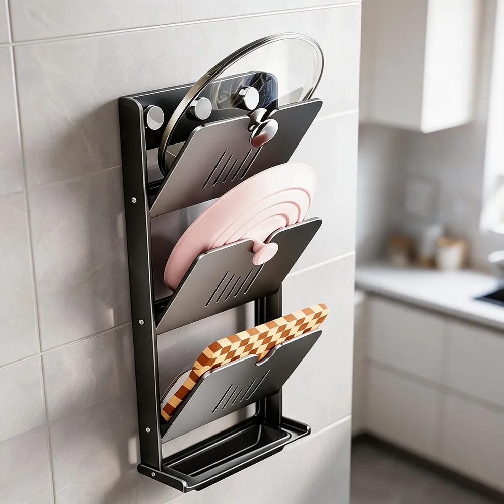 Suction Cup Mounted Kitchen Rack for Pot Lids and Cookware Covers Space Conscious Design for Urban and Compact Kitchens