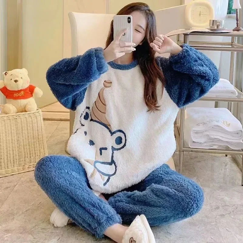 

Flannel Pajamas Women Round Neck Suit Thickened Warm Cartoon Bear School Homewear Long-Sleeved Trousers Can Be Worn Outside Xl