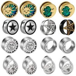 PAIR Stainless Steel Pentagram/Moon Style Ear Plugs Ear Gauges Screw Stretcher Flesh Tunnels Body Piercing Jewelry