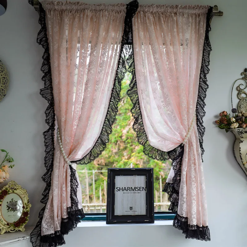 Vintage Black Lacework with Pink Jacquard Sheer Floral Curtains For Bedroom Romantic Elegant Living Room Cortinas Decoration