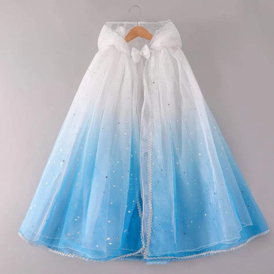 Girl Princess COS Cloak Children Sequin Mesh Hooded Cape Elsa Rapunzel Costume Kids Halloween Birthday Party Clothing XMZ65