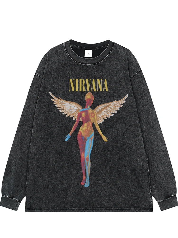 Washed Digital Direct Spray Rock Band Long Sleeve T-Shirt Vintage American Street Punk Style Youth Casual Cotton round Neck