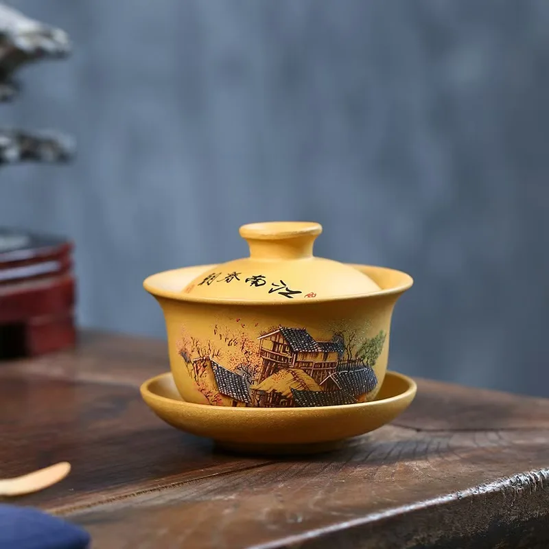 Yixing pintados à mão Boccaro Cup, Segmento lama chá beber copo, Jiangnan Primavera Kung Fu chá conjunto, Handmade Gaiwan Retro, paisagem