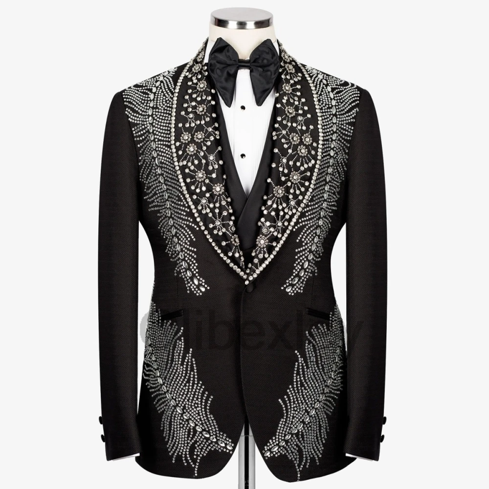Olibexley Sparkly Crystal Beaded Men Suit Groom Tuxedos 3 Pieces Sets Costume Homme Party Wedding Prom Blazers Customized S54