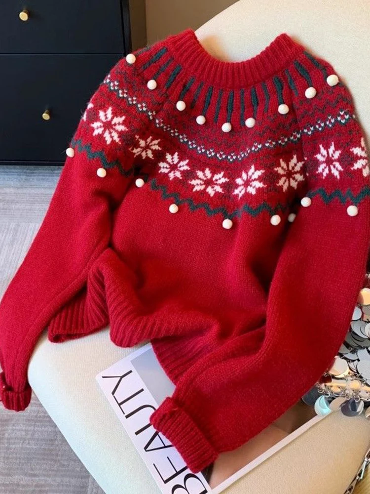 

Sweet Print Christmas Red Sweater Women Cute O Neck Vintage Knitted Jumper Casual Korean Lady Fall Winter Preppy Style Loose Top