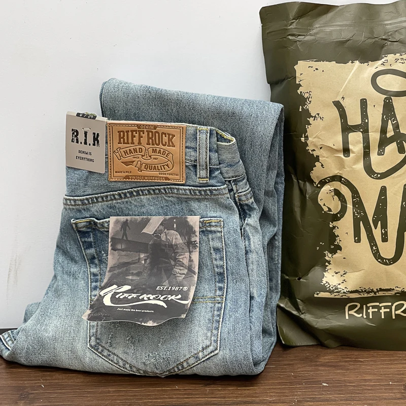 

Heavyweight Autumn Winter Japanese Sle Retro Fit Straight Legged Light Blue Jeans Men's Cotton Denim Long Trousers Trendy