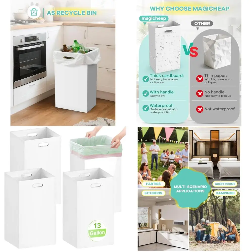 

Collapsible 13 Gallon Cardboard Trash Cans with Handle for Party Recycling, Camping (13.5x10x21.7) - White