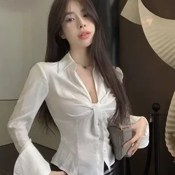 Lucyever White Shirt for Women Sexy Slim Fit Buttons Up Deep V-Neck Crop Tops Woman 2024 Spring Summer Long Sleeve Thin Blouse