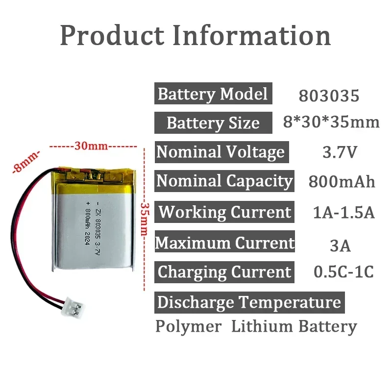 3.7V Lithium Polymer Battery 803035 (800mAh) 503035（500mAh）Digital Camera Metal Detector Bluetooth Speaker