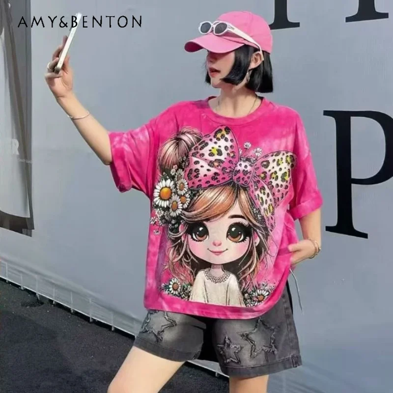 

Women's T Shirt Cartoon Figure Print Casual Loose Crew Neck Short Sleeved Tops Fashion Daily Wear Soft Breathable All Match Tees
