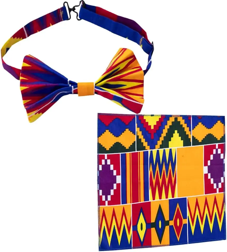 BRW 2 Pcs African Kente Bow Tie Pocket Square Kente Print Bow Tie and Squares for Men Black History Month
