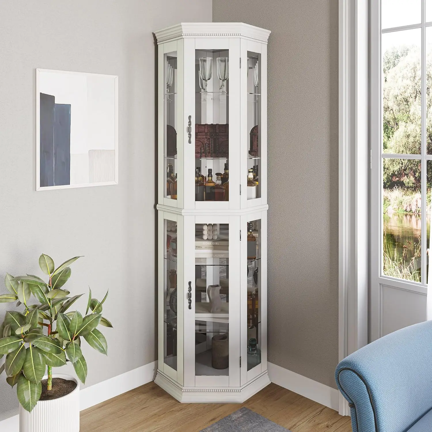

Lighted 3-Side Glass Display Curio Cabinet w/Tempered Glass Doors & Shelves, Accent Wooden Corner Cabinet with Bulb, Corner