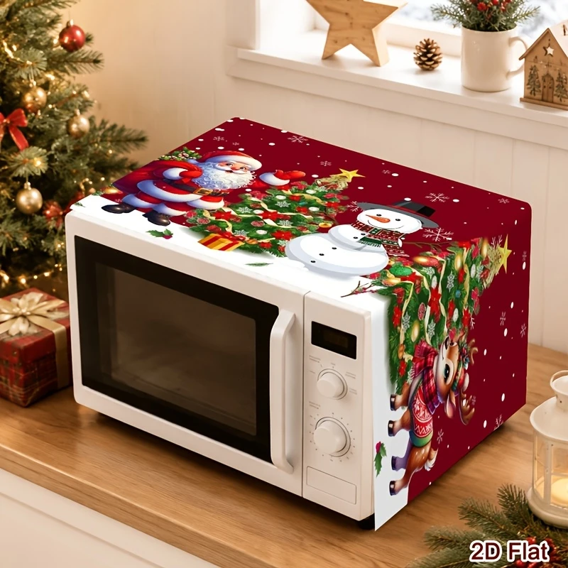 VIKAMA Christmas Microwave Oven Cover Santa Claus Snowman Reindeer Print Dust‑proof Kitchen Appliance Protector Home Decor