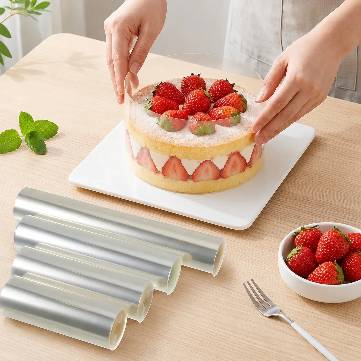 Transparente Kuchenfolie aus Acetat, transparente Mousse-Kuchen-Umrandungsfolie, Kuchenrand-Wickelstreifen für Backwaren – Detail 5