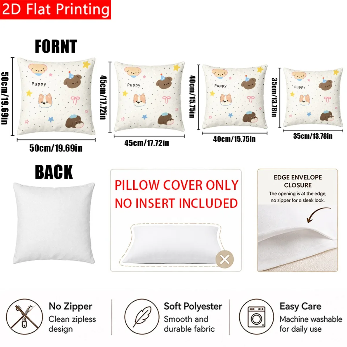 2D Flat - 1pc 2D Flat Throw Pillow Cover with Cute Puppy Faces Stars Polka Dot Pattern Print Polyester Soft, Durable And Easy to Care Cushion Cover Without Pillow Inserts Perfect for Living Room And Bedroom A Wonderful Housewarming Gift