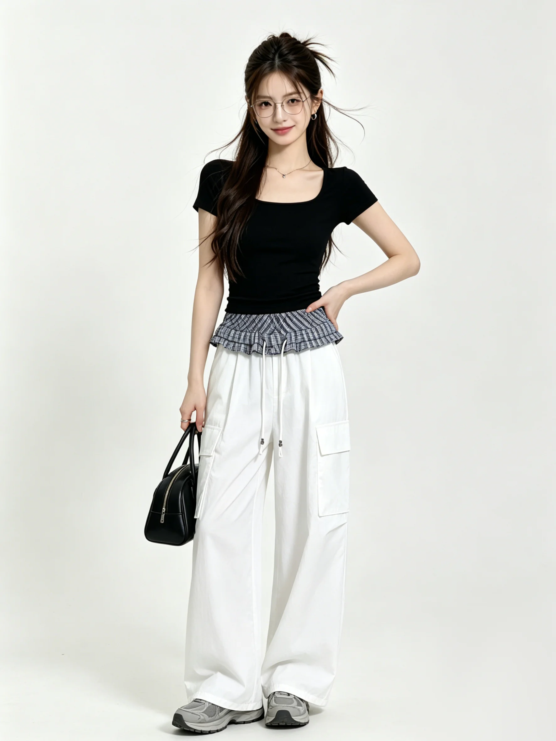

High Waist Wide Leg Pants Korean Style Casual Plaid Splicing Summer Vintage High Waist Workwear Trousers for Women