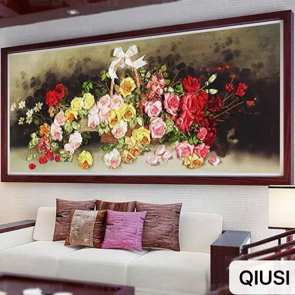 

125cm Big Size Ribbon Cross stitch Needlework Set for Embroidery kit,Rose Peony Cross-Stitch Painting Birthday Gift
