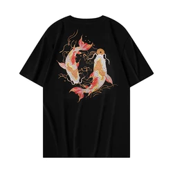 Mens Summer T Shirts Casual Carp Embroidery T Shirt Chinese Cotton Short Sleeve Tees Tops Harajuku Streetwear Men Clothing 2024