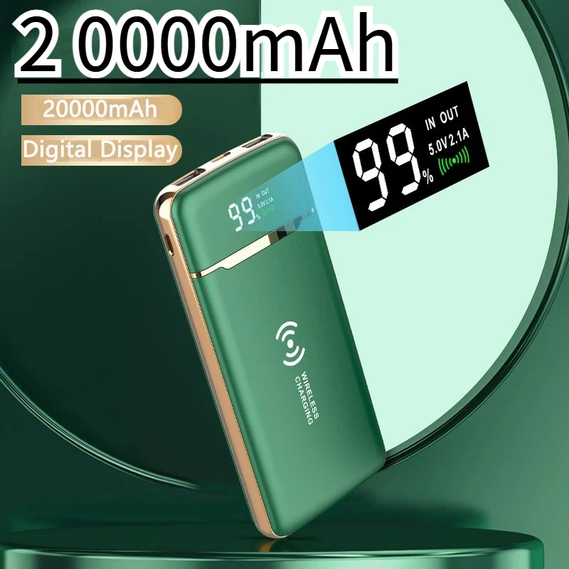 

20000mAh Wireless Power Bank Charger For IPhone For Samsung For Huawei For Xiaomi Built in Cable Portable Digital Display
