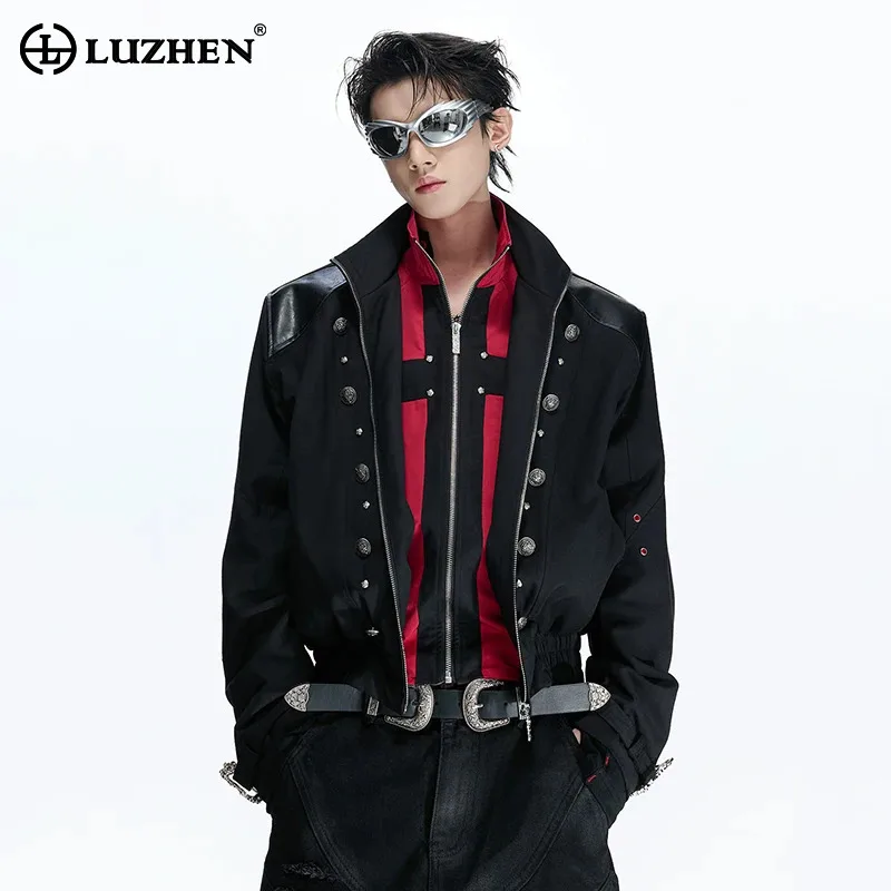 LUZHEN 2026 New Double Layer Fake Two Piece Design Patchwork Leather Casual Jacket Men's Stylish Original Handsome Coat JY8338