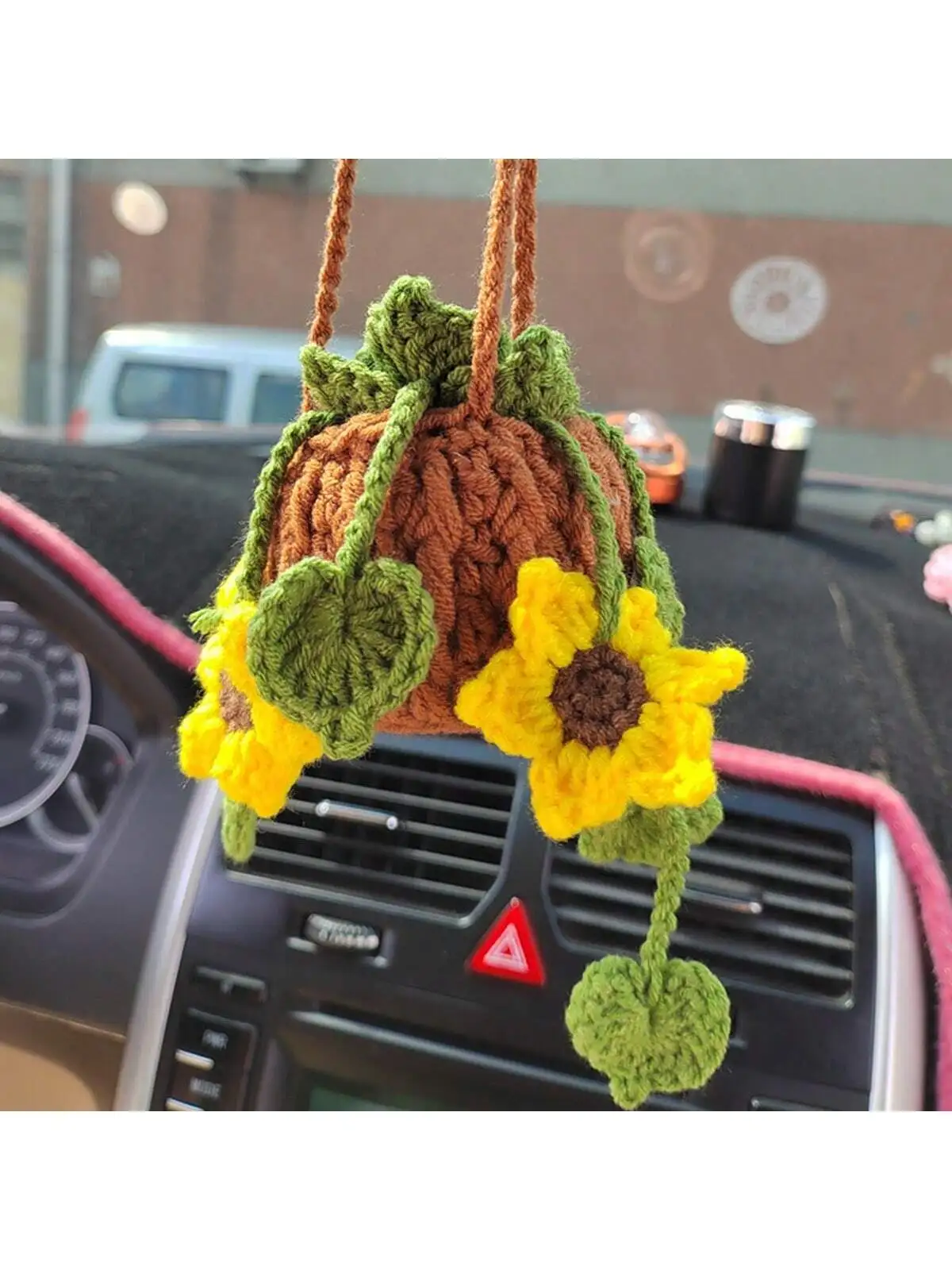 1pc Handmade Crochet Car Ornaments - Cute Knitted Rearview Mirror Decoration, Creative Fabric Interior Accessories