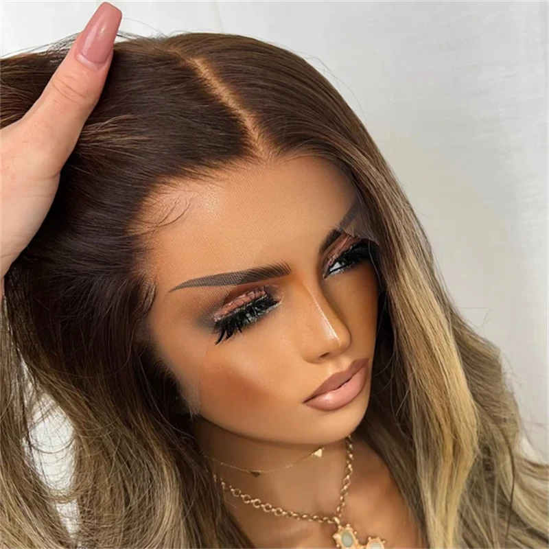 Ombre Ash Blonde Brown Highlights Synthetic HD Lace Front Wig Preplucked Hairline Free Part  30 Inch Super Long Body Wave Wig