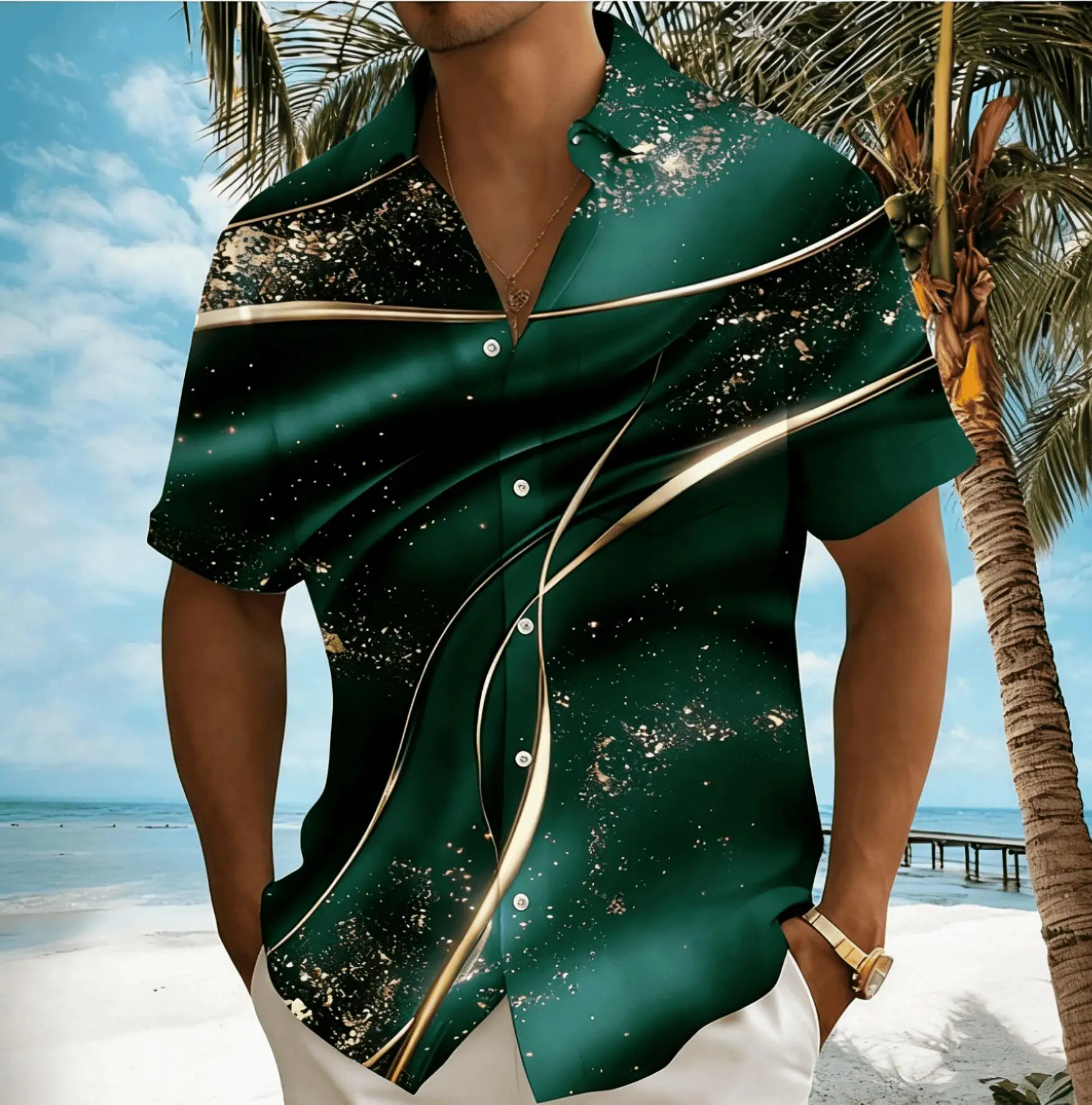 Men's Gradient Line Glitter Print Short Sleeve Shirt, Spring Summer Luxury Hawaiian Vacation Blouse, Loose Casual Top
