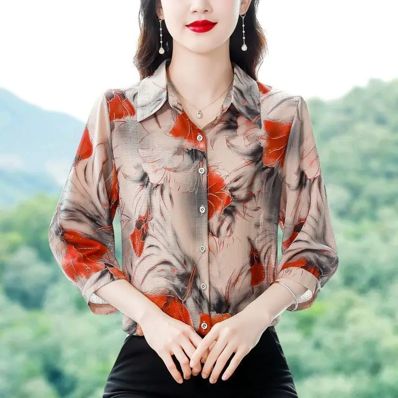 Minimalist Commuter 2024 Summer New Women\'s Blouse Polo-Neck Button Printed Elegant Slim All-match 3/4 Sleeve Shirt Tops