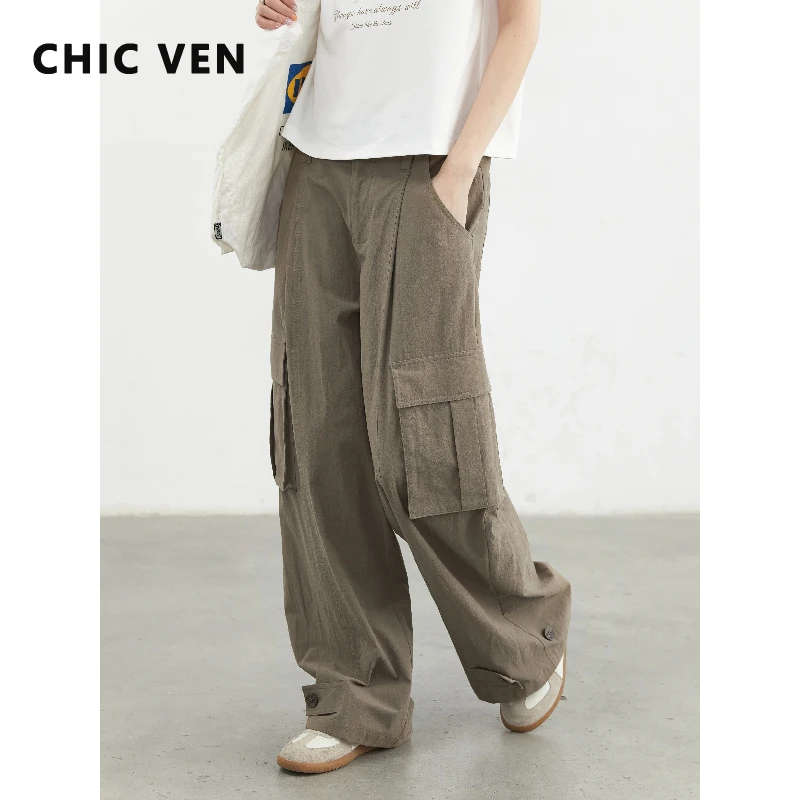 

CHIC VEN Korean Women Pants Loose Casual High Waisted Cotton Workwear Large Pockets Wide Legs Girl Trousers Spring Summer 2026