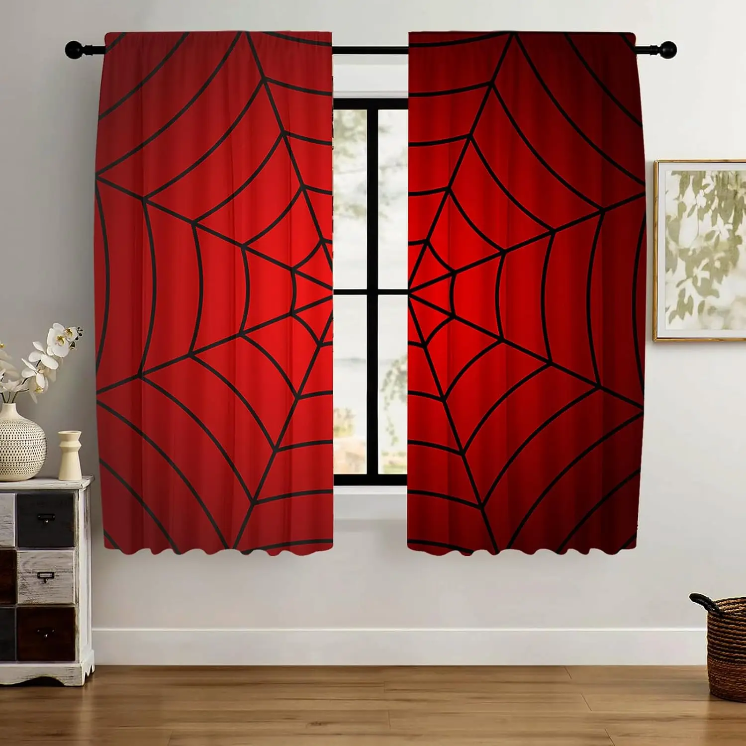 Simple Spider Web Line Red Background Blackout Rod Pocket Curtain Hero Theme Decor Kids Homestay Bedroom Rest Bay Window