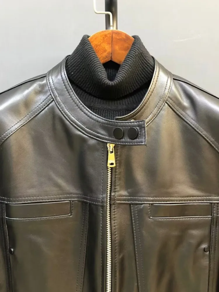 Estilo conciso cor sólida couro genuíno feito à mão jaqueta solta manga longa pele de carneiro zíper bolso feminino casaco de alta qualidade