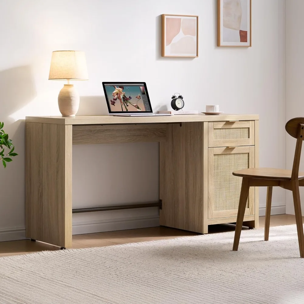 Rattan Home Office Desk with Drawer, 59