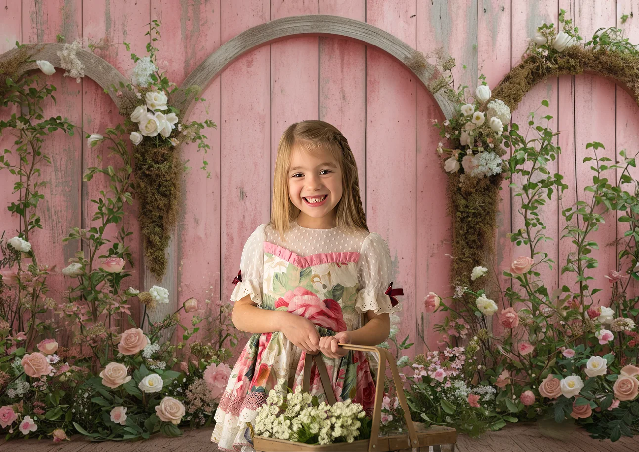 Spring Photography Backdrop Wooden Frame Rustic Floral Arrangements Pink Decor Baby Birthday Portrait Background Photo Studio