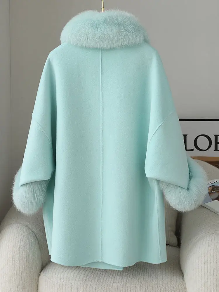 Double-sided cashmere, 2025 new double-sided wool, fox fur, medium-length woolen coat for women