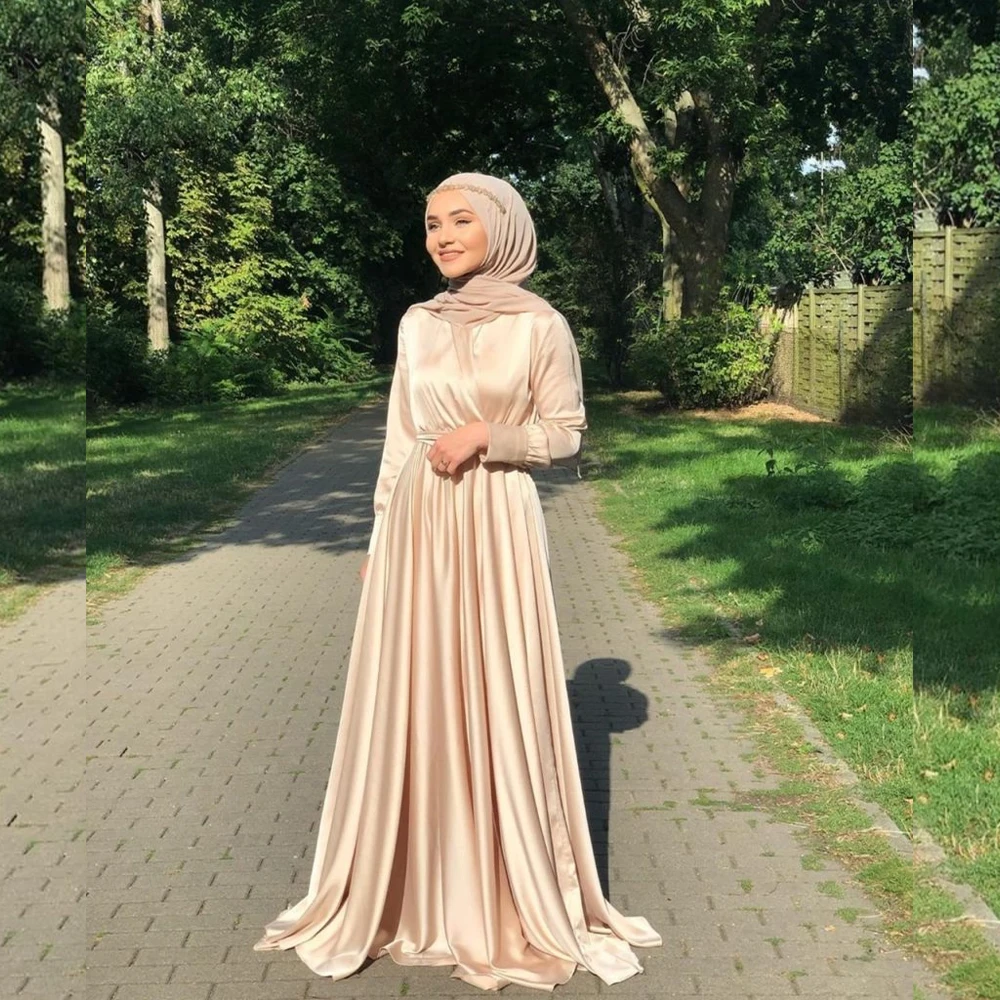 イスラム教徒の女性のイブニングドレス長袖サマーサテンパーティードレス A ライン控えめなウエディングドレス فساتين سهرةカスタマイズ