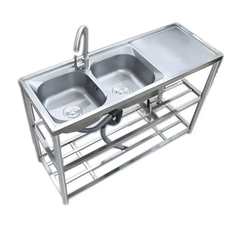 Portable 201 304 stainless steel sink commercial kitchen double bowl household sink with bracket countertop integrated sink