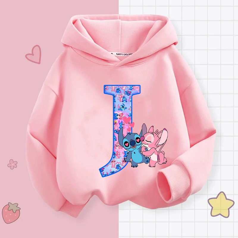 Stitch Angel Letter A-Z bluzy dziewczyny Disney Anime bluza dziecięca zimowa pogrubienie ciepłe pulowerowe topy ubrania dla dzieci prezent