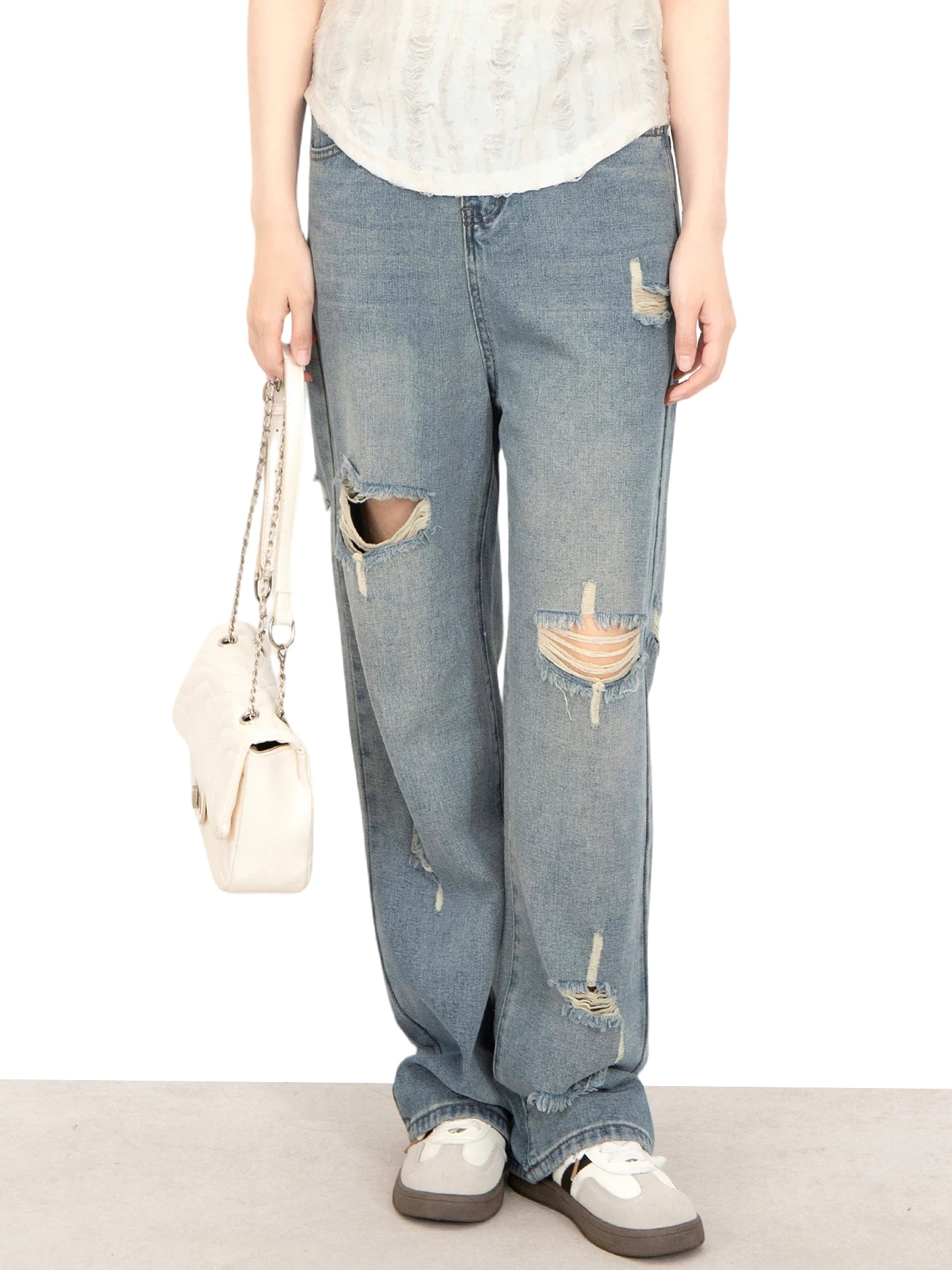 

High Waist Light Blue Denim Jeans Women Summer Fashion plus Size Design Slimming Wide Leg Pants Torn Hole Trendy Girl