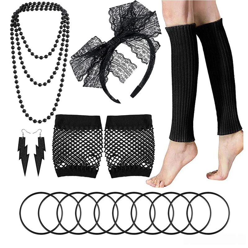 الملونة 90s 80s الزي اكسسوارات مجموعة 80s فستان بتصميم حالم المرحلة زي رباط شعر قلادة سوار صافي قفازات جوارب السيقان الرجعية