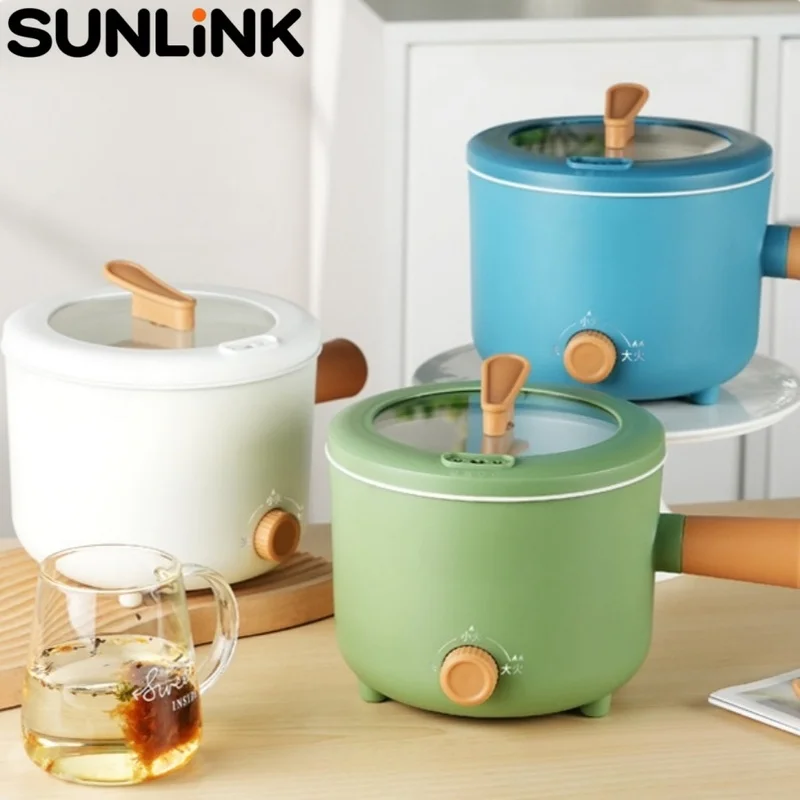 1pc 220V Mini Electric Cooker 1.8L Nonstick Dual Temperature Control Portable Cooking Pot for Noodles Soup Frying Dorm Kitchen