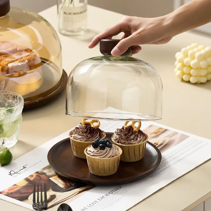 Real Wood Cake Stand Dust Glass Display Tray Food Cover High Aesthetic Transparent Glass Lid Pastries Western Cuisine