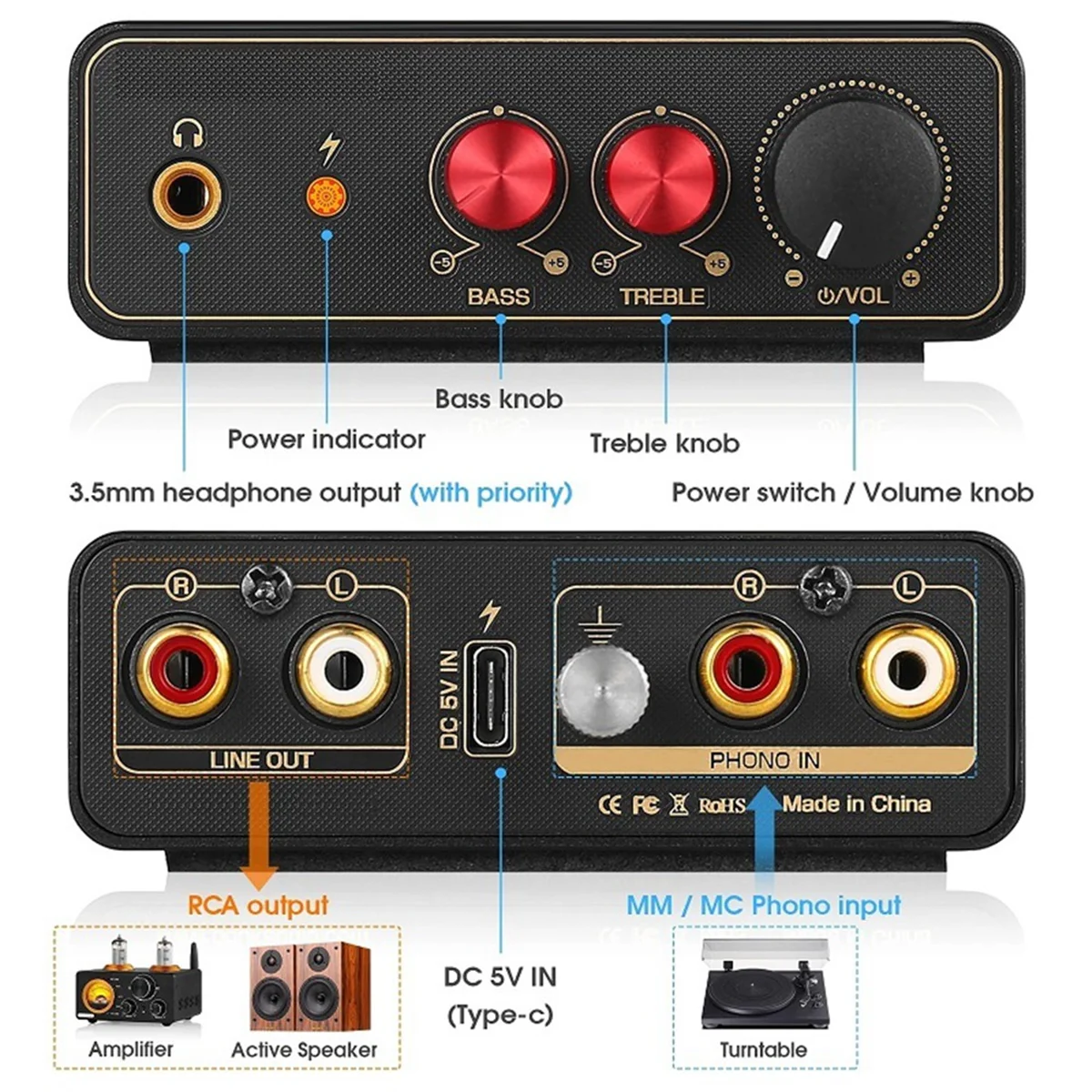 Phono Preamp para LP Vinyl Turntables, Mini Stage RIAA, 3.5mm Headphone Out, Record Players