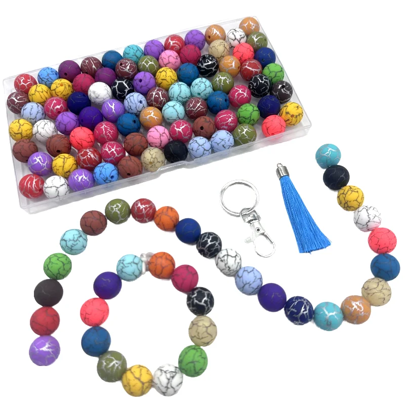 10Pcs15mm Printed Mable Silicone  Beads Round Christmas Series Silicone Beads DIY Necklace Plastic Pen Beaded Key Chain Bracelet