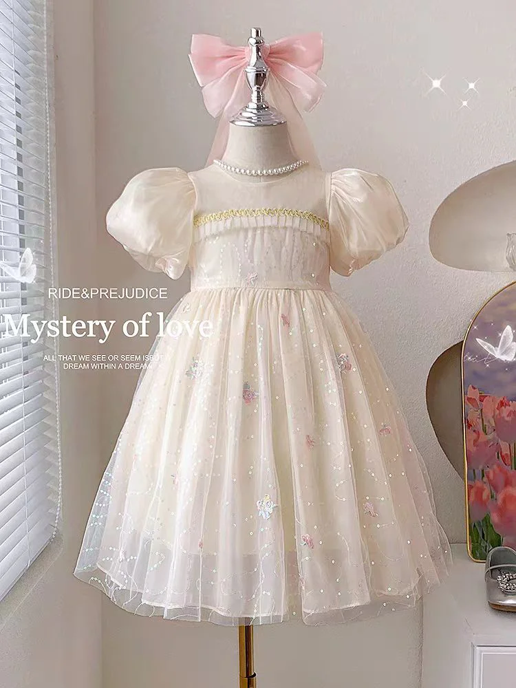 Children\'s casual dress summer fashion up for girls kids baby  bubble sleeves butterfly sequin back detachable bow A-line dress