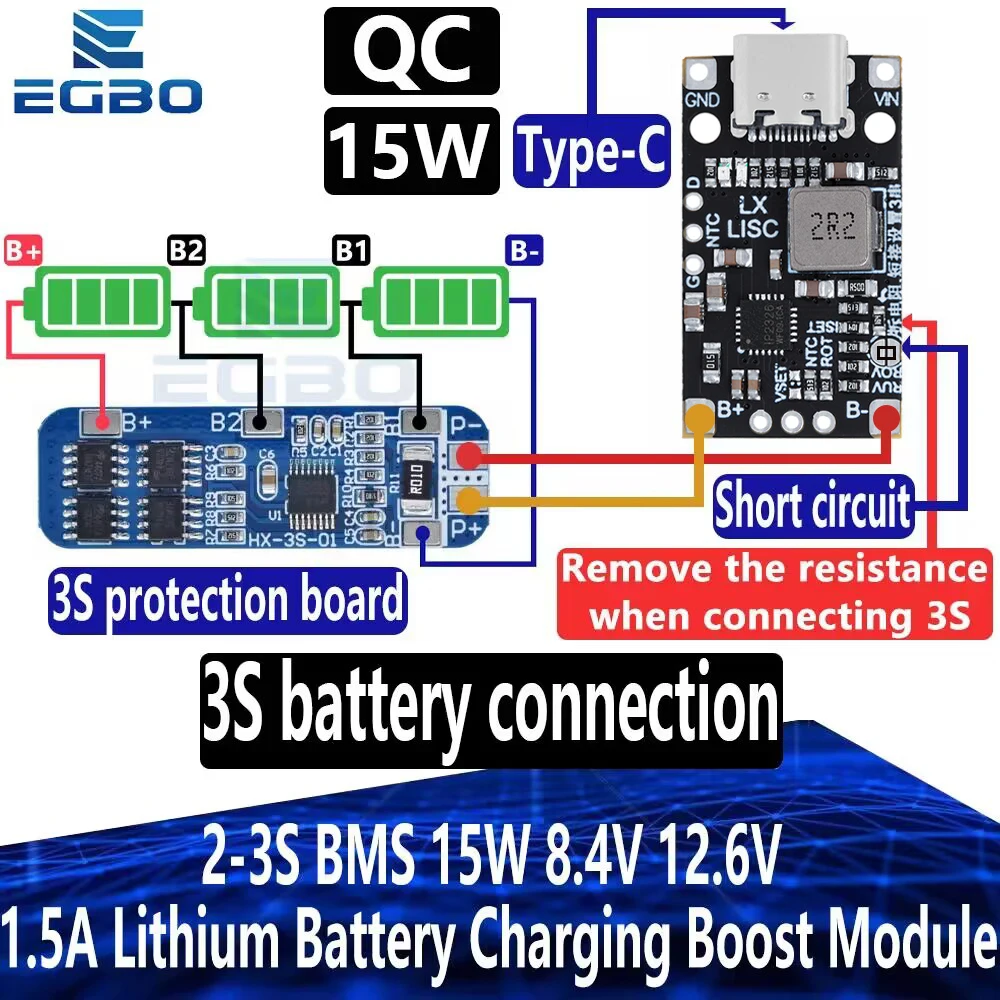 1~20PCS 2S 3S Type-C BMS 15W 8.4V 12.6V 1.5A Lithium Battery Charging Boost Module With Balanced Support Fast Charge Indicator