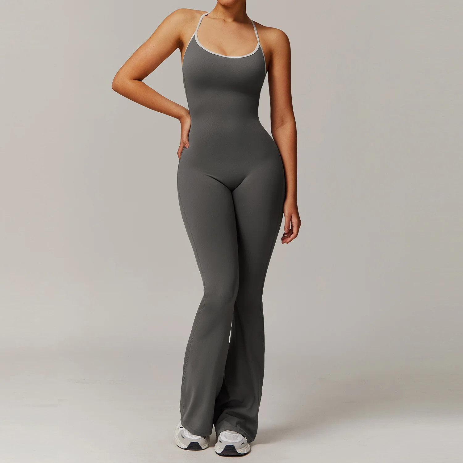 MODITIN New Arrival Women Sexy Back Jumpsuit for Gym Chic Design Bra Tops Fitness Pants with Flare Leg One Piece Yoga Clothes