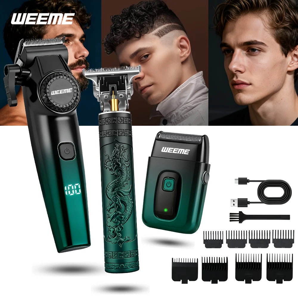 

USB Charging Hair Clipper Trimmer Shaver 3-in-1 Set with Guide Combs, Home Haircut Kit for Men, Gift Idea