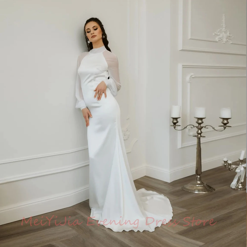 

High-Neck Backless Mermaid Pleats Crepe Long-Sleeves Floor-Length Saudi Arabia Sexy Evening Birthday Club Outfits Summer 2024