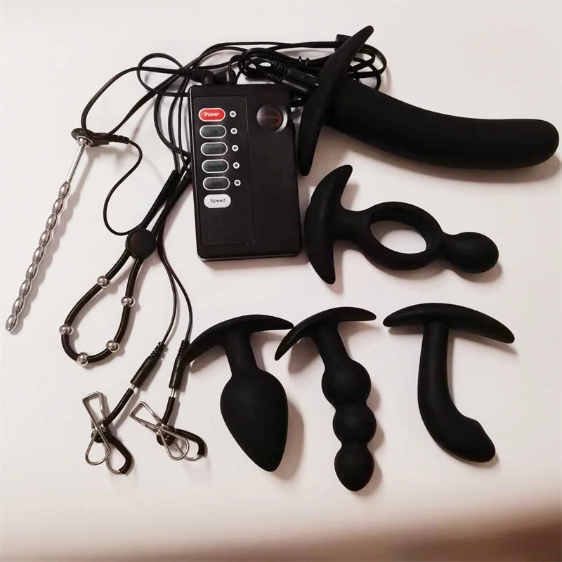 1 مجموعة صدمة كهربائية مجرى البول السبر موسع سيليكون الشرج بعقب المكونات القضيب المدرب خاتم الديك المعادن الحصان العين قضيب الجنس لعب الرجال