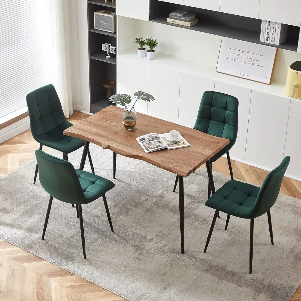 47 in Modern Irregular Rectangle Kitchen Table & 4 Forest Green Velvet Upholstery Side Chairs, Metal Legs, Dining Room Sets